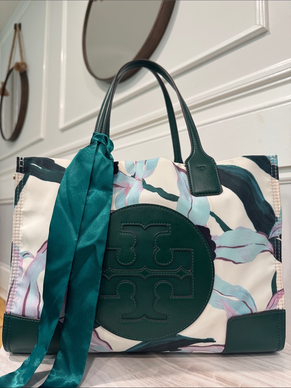 Tory Burch Bag Small Ella Limited Edition Floral Tote with Green Leather Trim - Picture 4 of 17